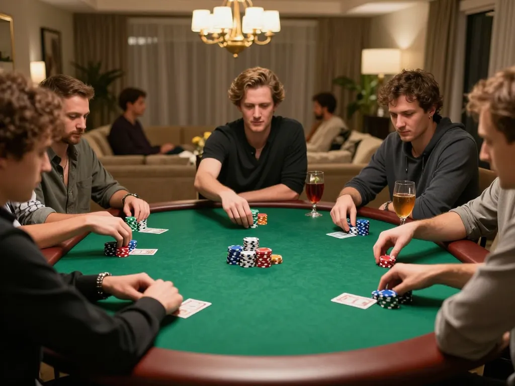 rokok88 players strategically placing bets at a vibrant poker table during an upscale home game night