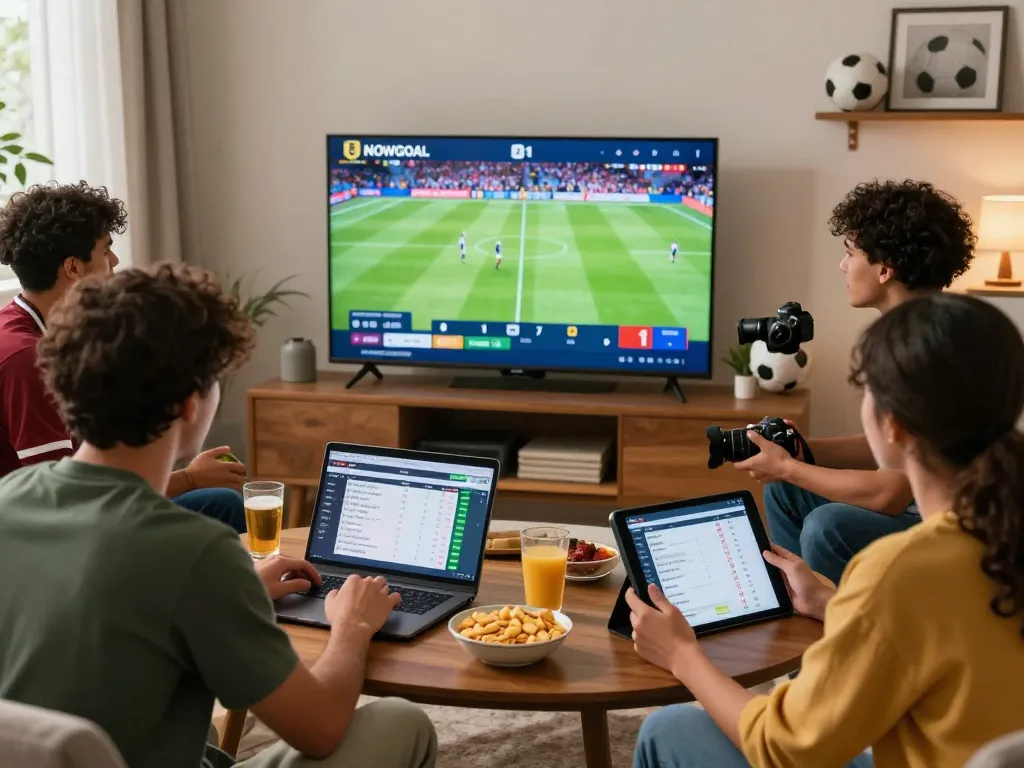 Football fans engaged with NOWGOAL live scores in a cozy living room.