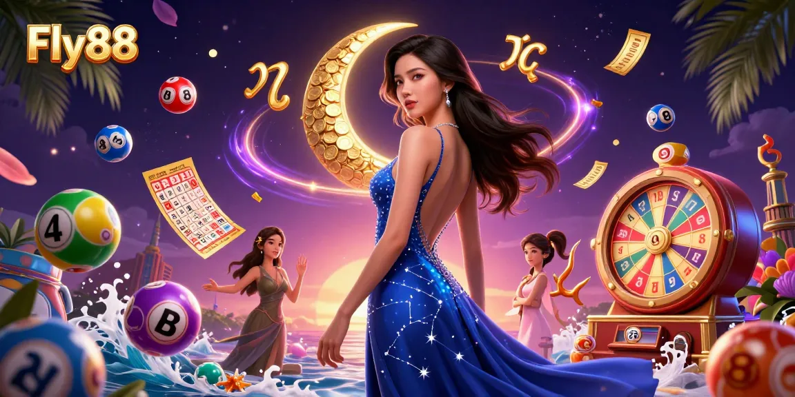 Engage in thrilling casino gameplay at Fly88 with colorful lottery elements and a glamorous Asian hostess.