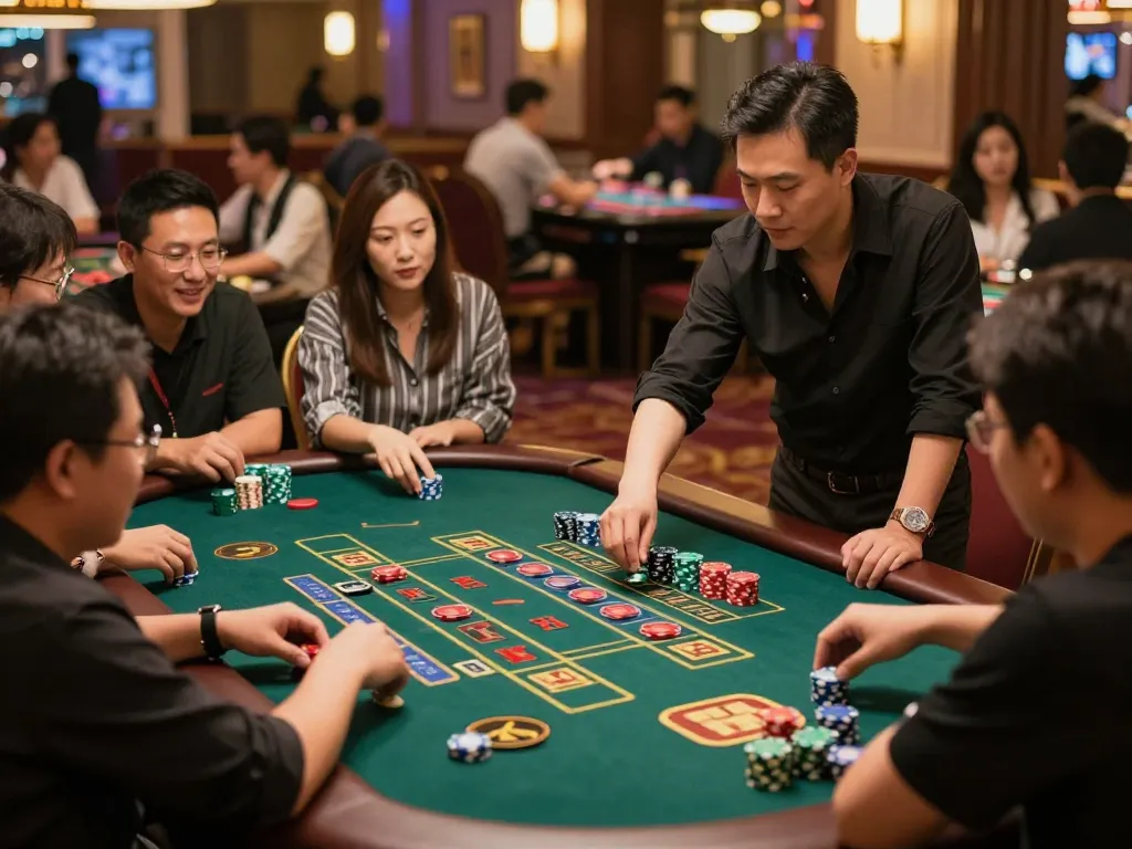 Players engaged in a thrilling Xóc Đĩa game at a vibrant casino table, showcasing strategic betting and lively atmosphere.