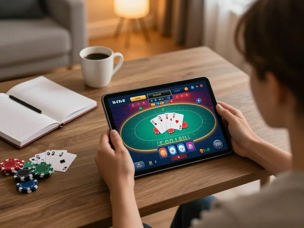 Engaging gameplay at nhà cái lv88, showcasing a player using a tablet for online poker.