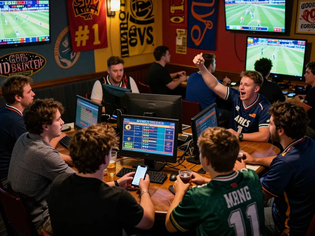 Experience the excitement at go99's sports betting venue with friends cheering and betting.