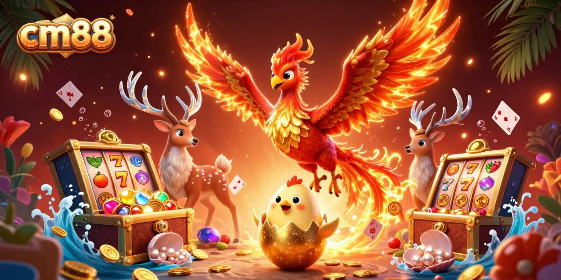 Experience thrilling casino excitement with cm88's vibrant 3D phoenix illustration featuring treasure and gaming elements.