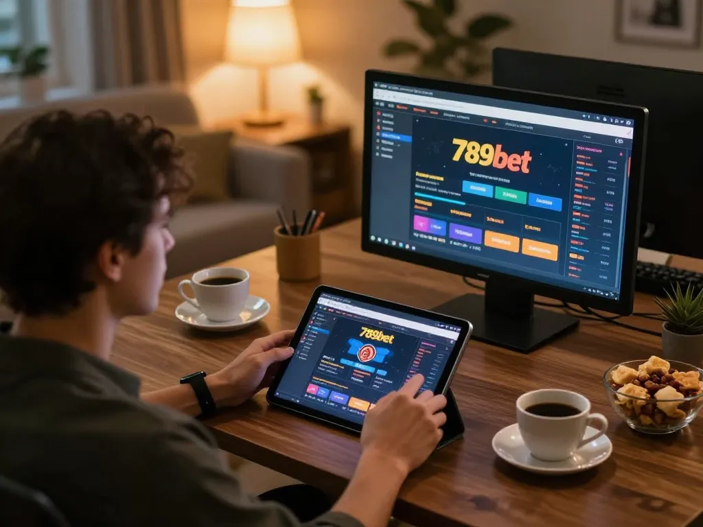 Engaging online gaming moment on trang chủ 789bet, showcasing user interacting with casino app on tablet.