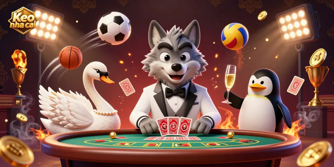 Engaging scene showcasing Keo nha cai with a debonair wolf, elegant swan, and sophisticated penguin among sports betting and casino elements.