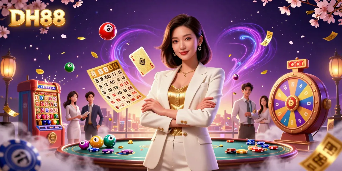 Win big at DH88 with an elegant Asian dealer presenting golden cards and exciting game elements.
