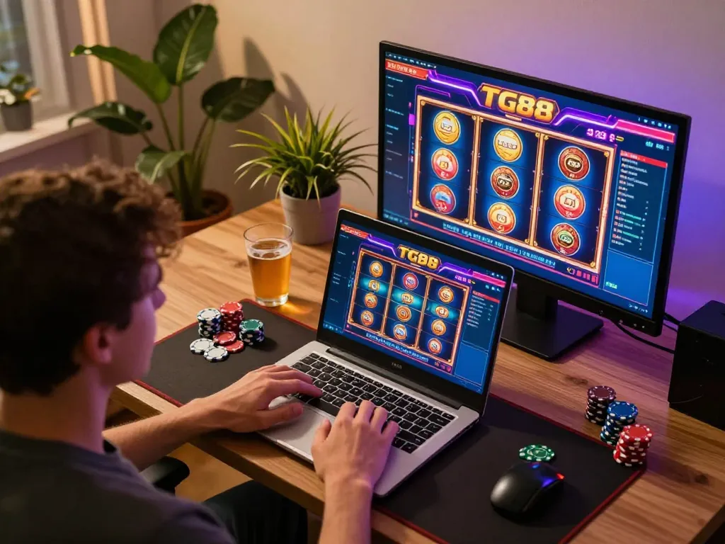 TG88 player immersed in online slots at a cozy home office, highlighting engagement and strategy.