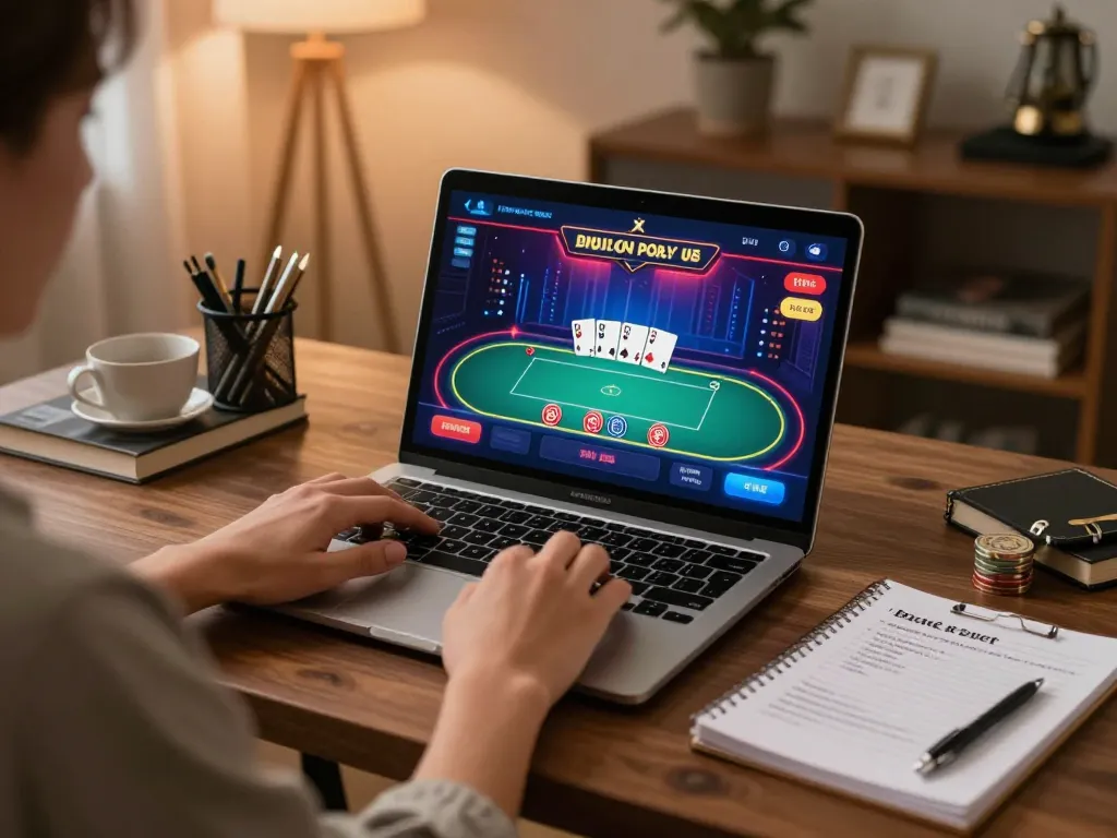 8kbet player focusing on online poker strategy in a stylish home office setting.