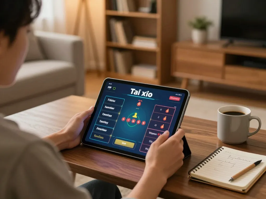 Engaging in Tài xỉu online from home with a tablet, surrounded by cozy elements.