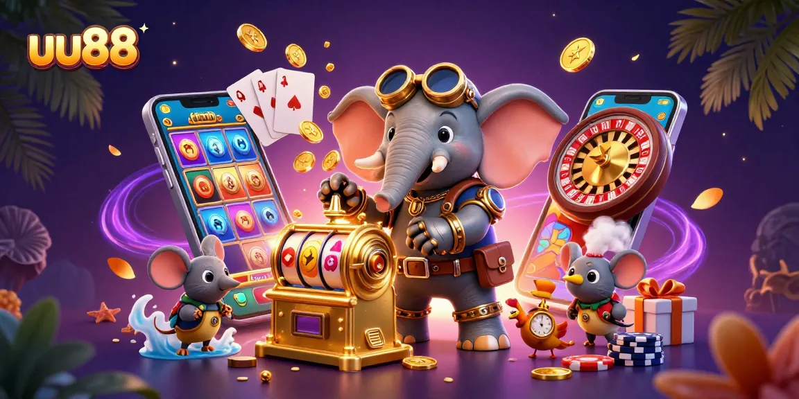 Experience the excitement of uu88 with a steampunk elephant navigating a vibrant casino world.
