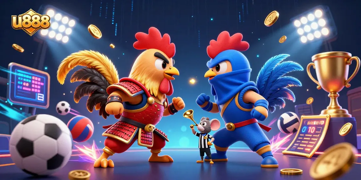Experience thrilling action with u888's fighting roosters in a dynamic casino scene.