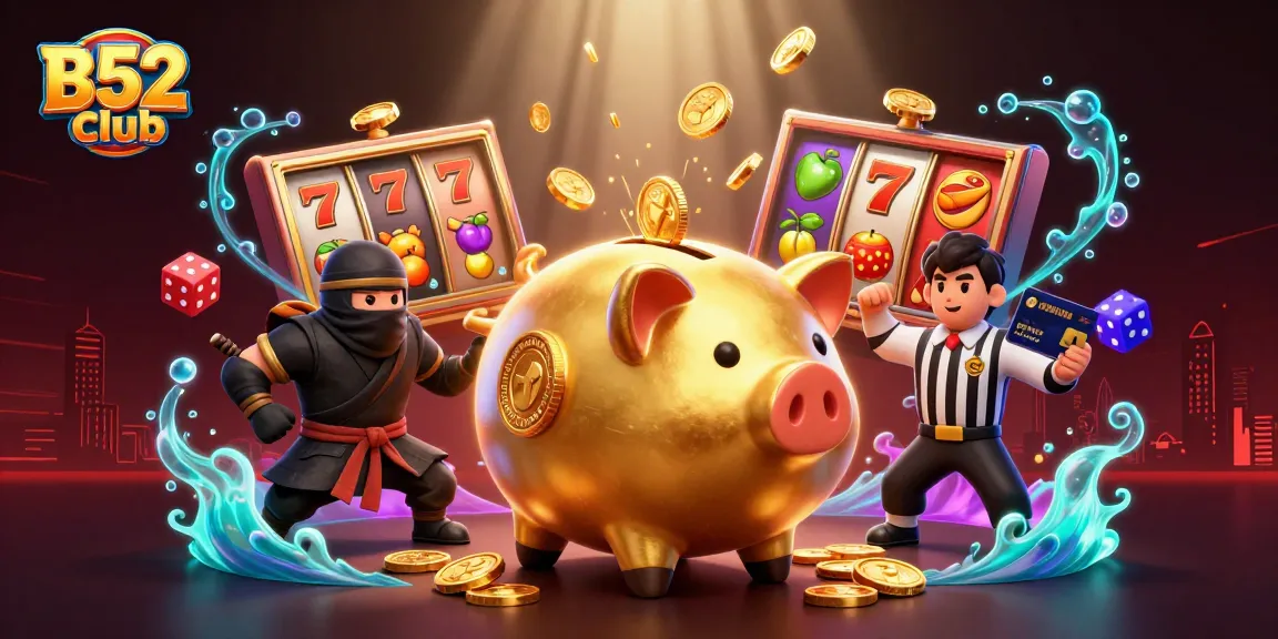 B52club scene depicting a golden piggy bank warrior amidst colorful slots and coins, bringing excitement to online gambling.