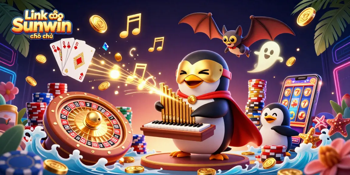 Engage with Link vào Sunwin chính thức as the phantom opera penguin plays while golden coins and casino elements fly around.