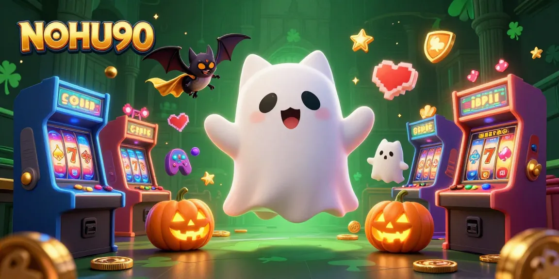 Experience thrilling gameplay with NOHU90, featuring vibrant slot machines and a ghostly companion in a haunted casino.