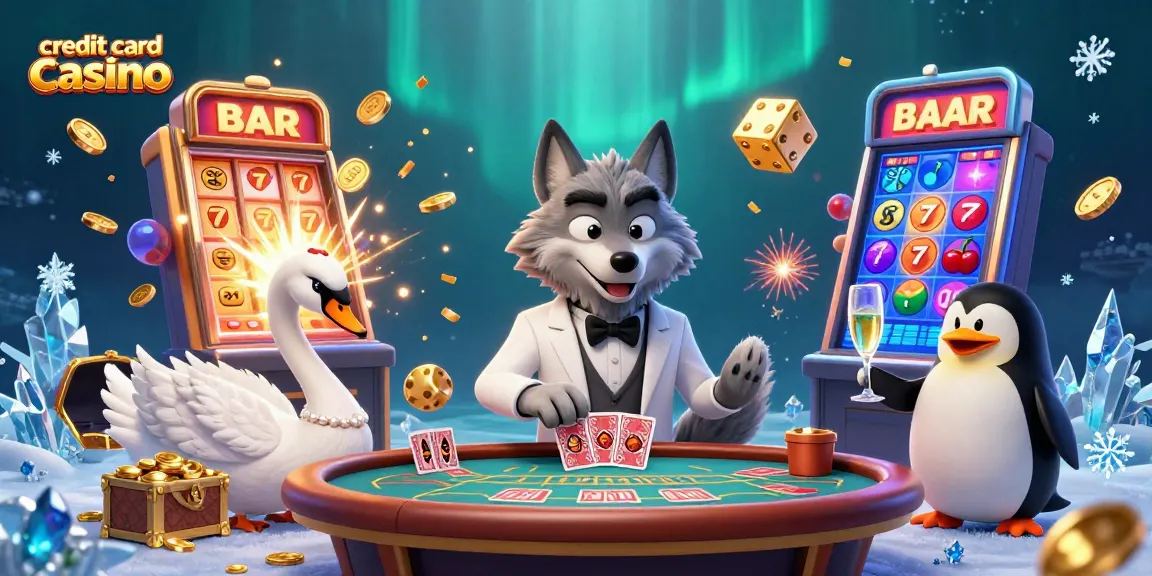 Engage with the thrilling atmosphere of a credit card casino as a wolf, swan, and penguin celebrate at a baccarat table.