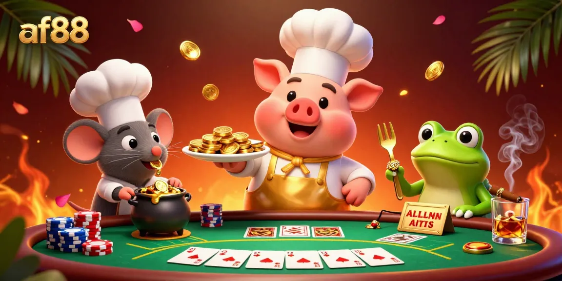 Engage with af88 by exploring vibrant casino scenes filled with gold coins, poker chips, and fun characters.