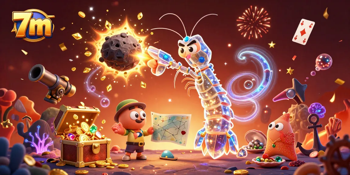 Experience the excitement of 7m with a galactic samurai mantis shrimp bursting through an asteroid of treasure.