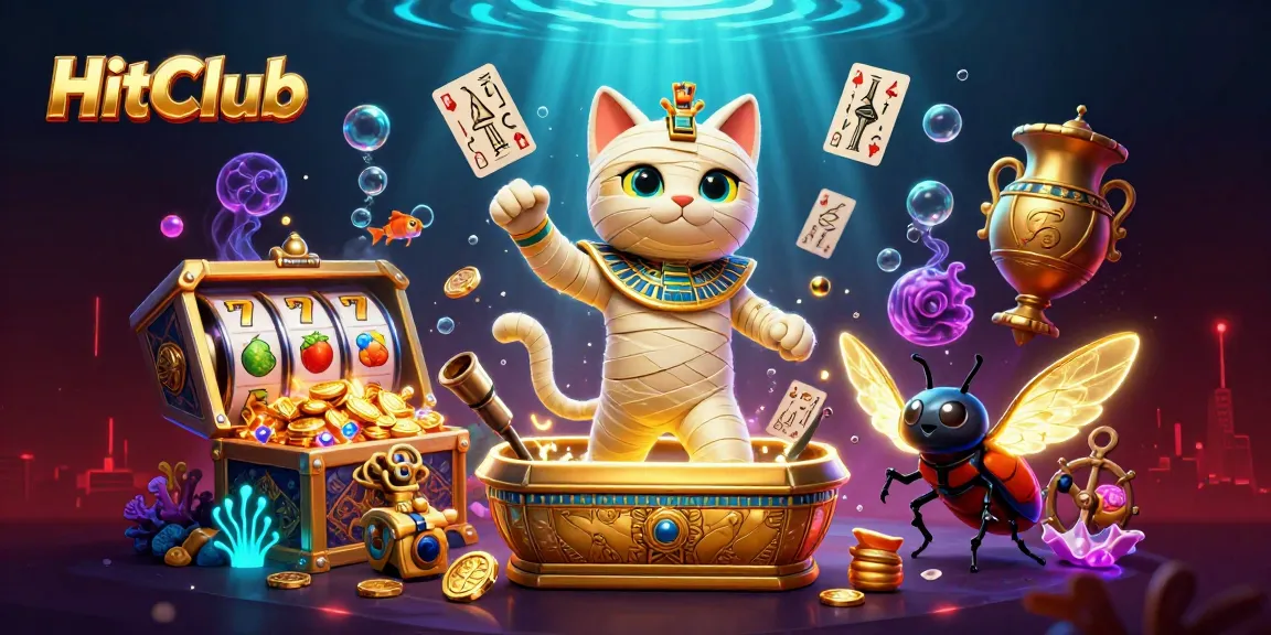HitClub showcases an Egyptian mummy cat and scarab beetle amidst casino games and treasures.