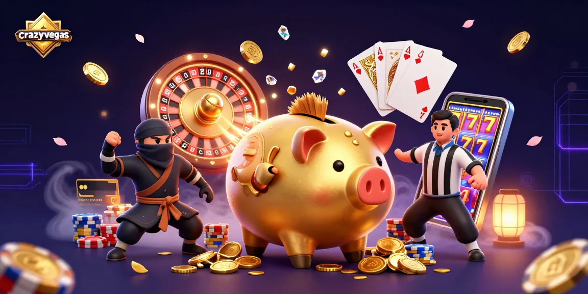 Experience excitement at crazyvegas with golden coins exploding from a sumo wresting piggy bank against a wild casino backdrop.